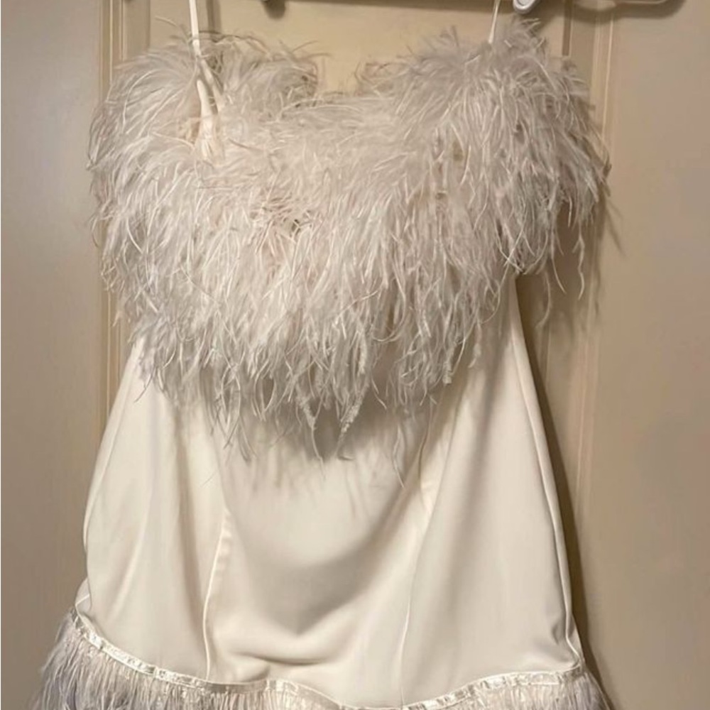 Elegant Feather Trimmed White Dress by Hazel and Olive (L)